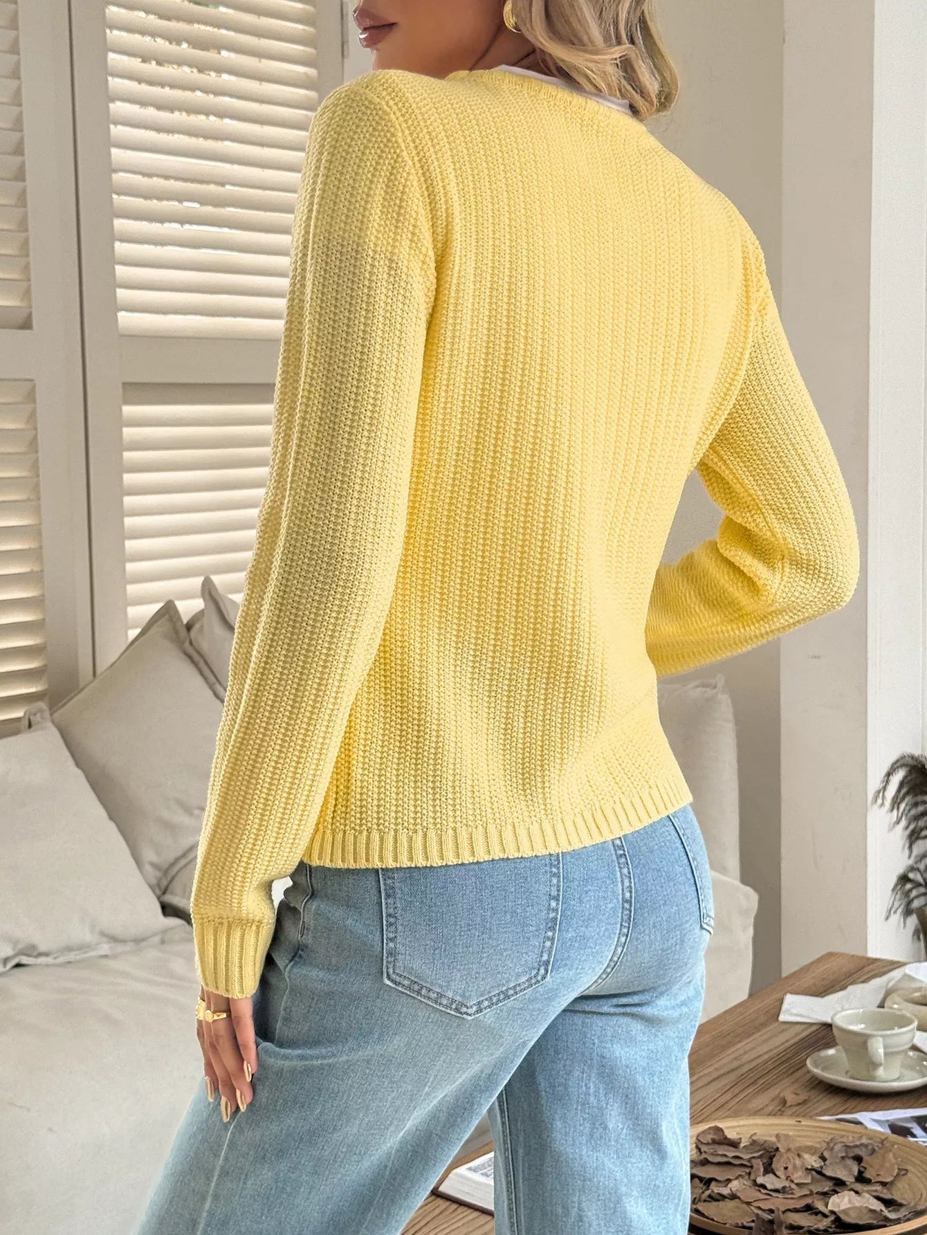 Button-Front Ribbed Long Sleeve Cardigan 