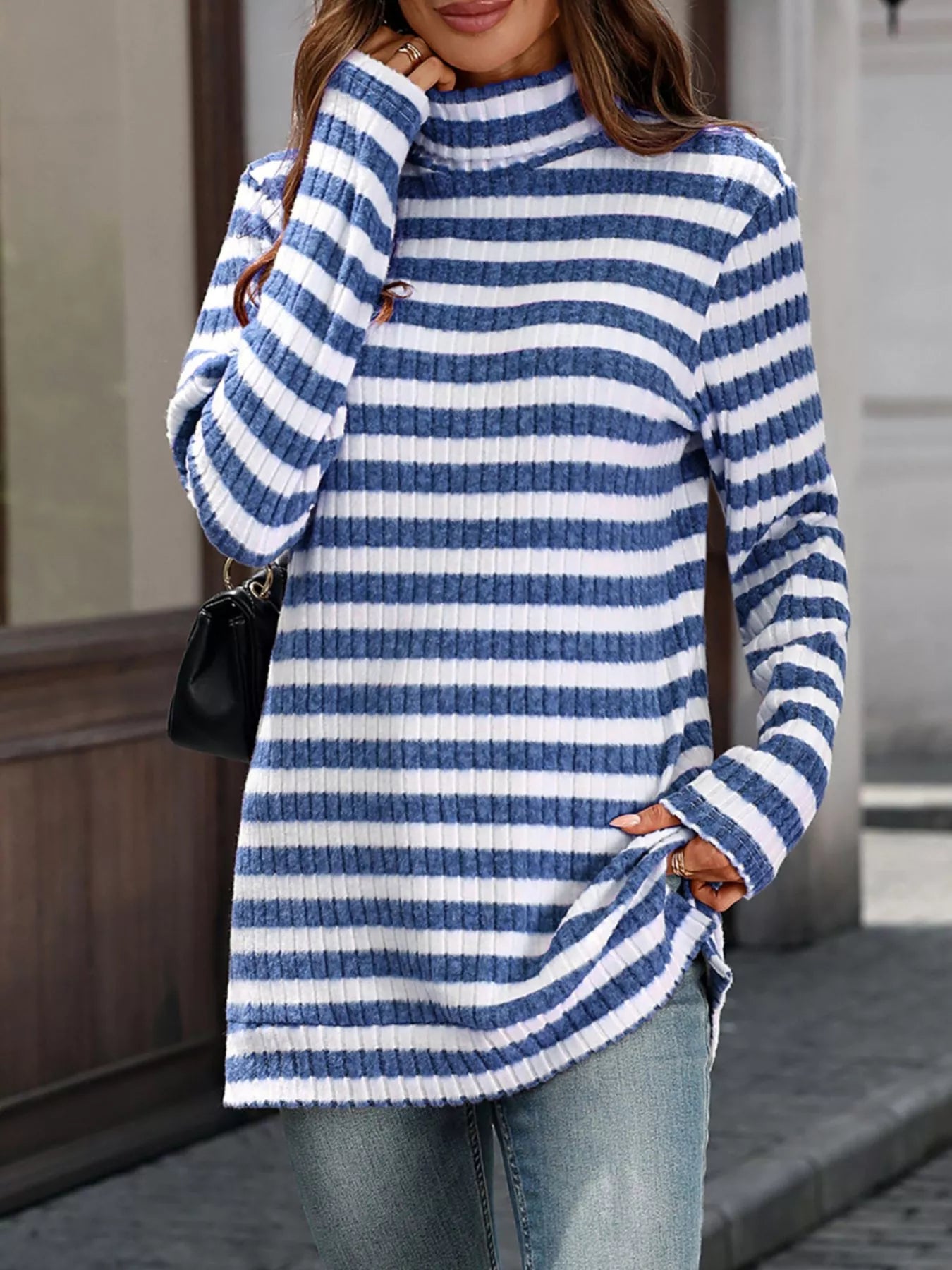 Striped Turtleneck Long Sleeve Knit Top 
