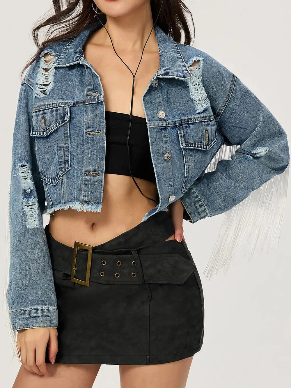 Distressed Fringe Collared Neck Cropped Denim Top 