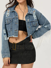Distressed Fringe Collared Neck Cropped Denim Top 