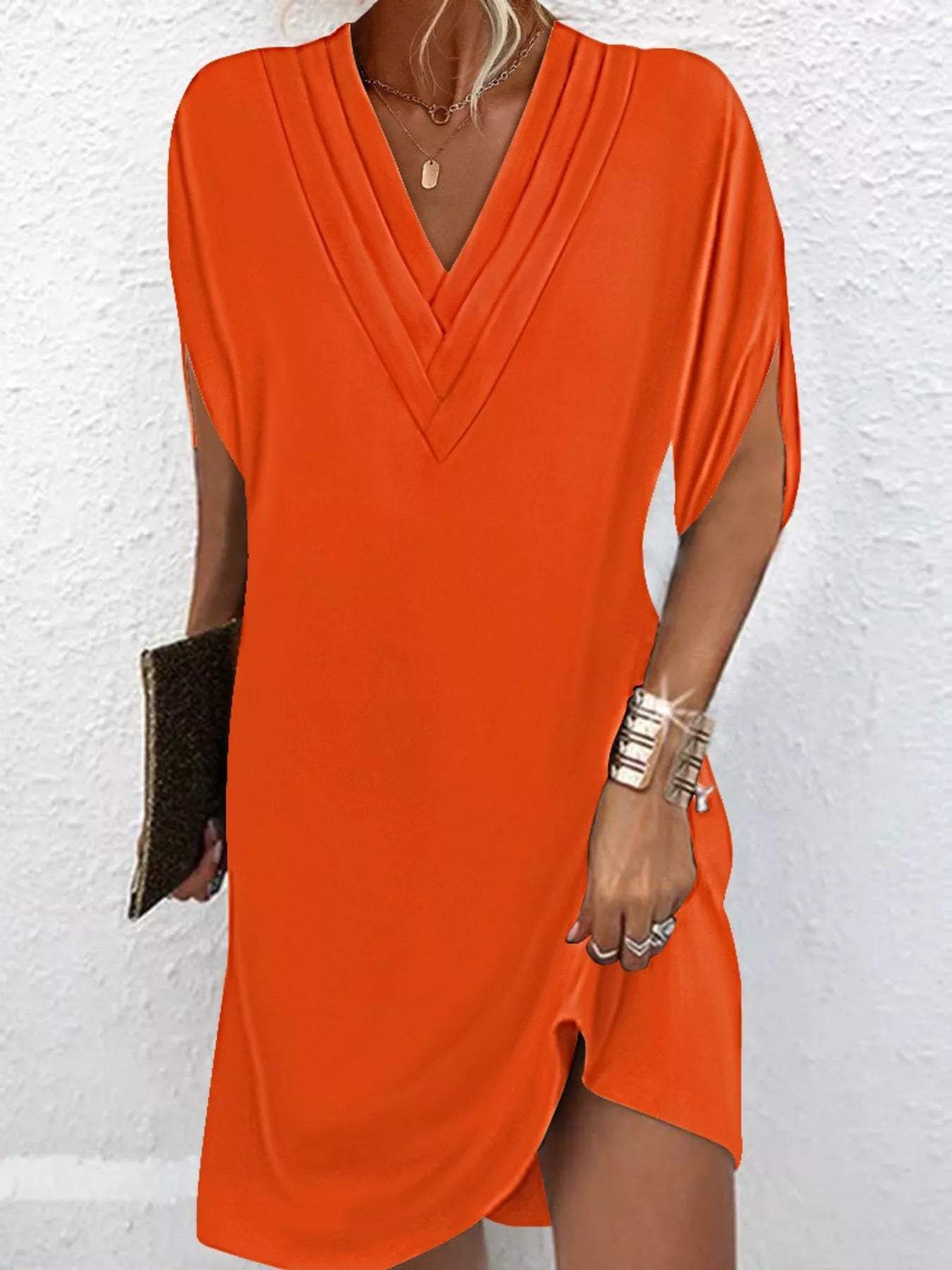 Full Size V-Neck Slit Sleeve Mini Dress Plus Size 
