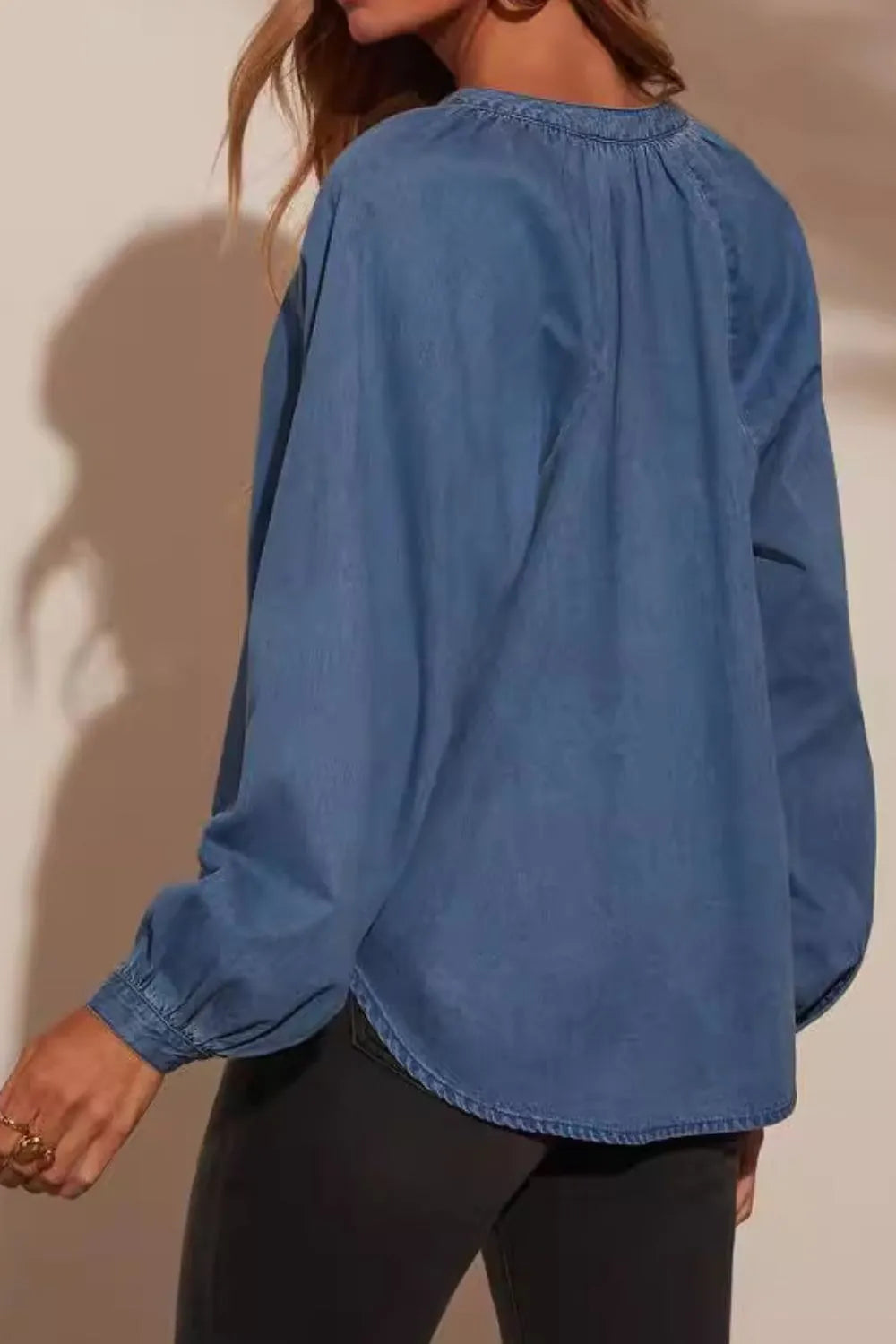 Plunge Button Up Long Sleeve Denim Top 