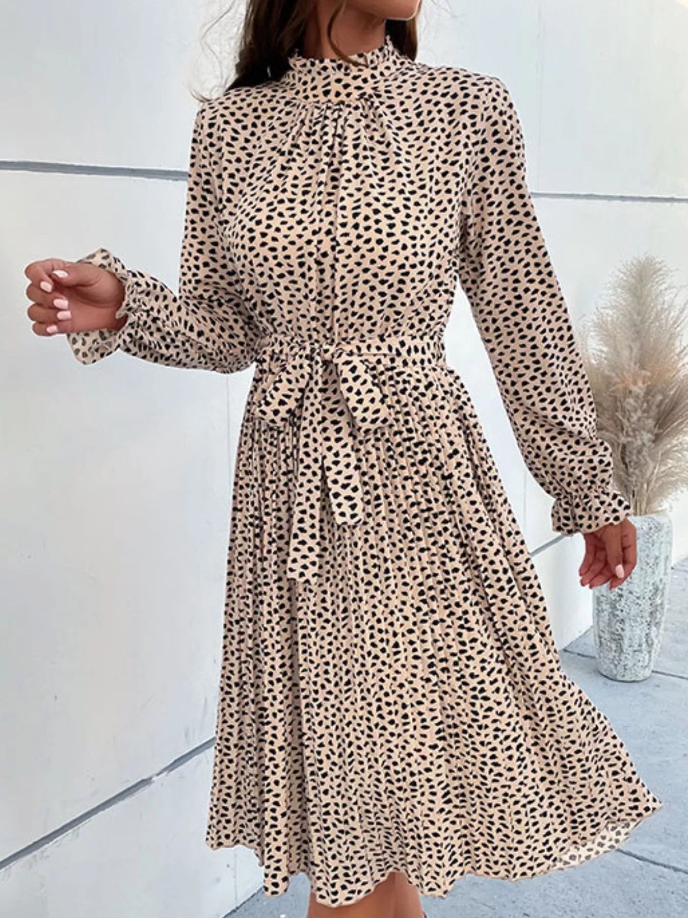 Animal Print Mock Neck Flounce Sleeve Dress 