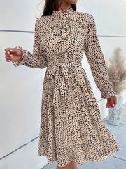 Animal Print Mock Neck Flounce Sleeve Dress 