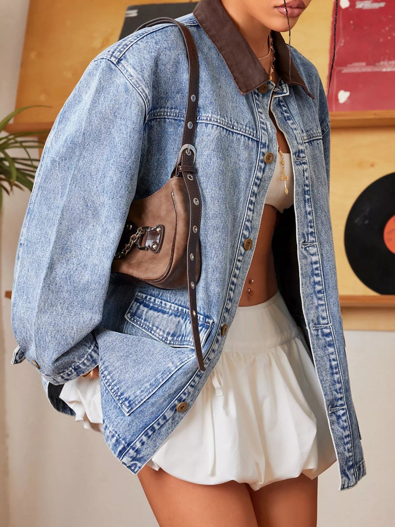 Vintage Wash Denim Jacket with Contrast Collar 