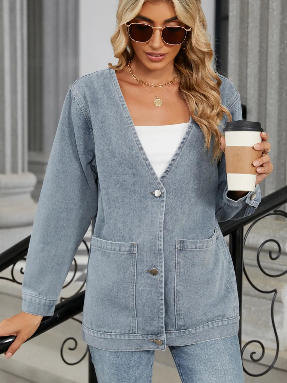 Pocketed V-Neck Button Up Denim Jacket 