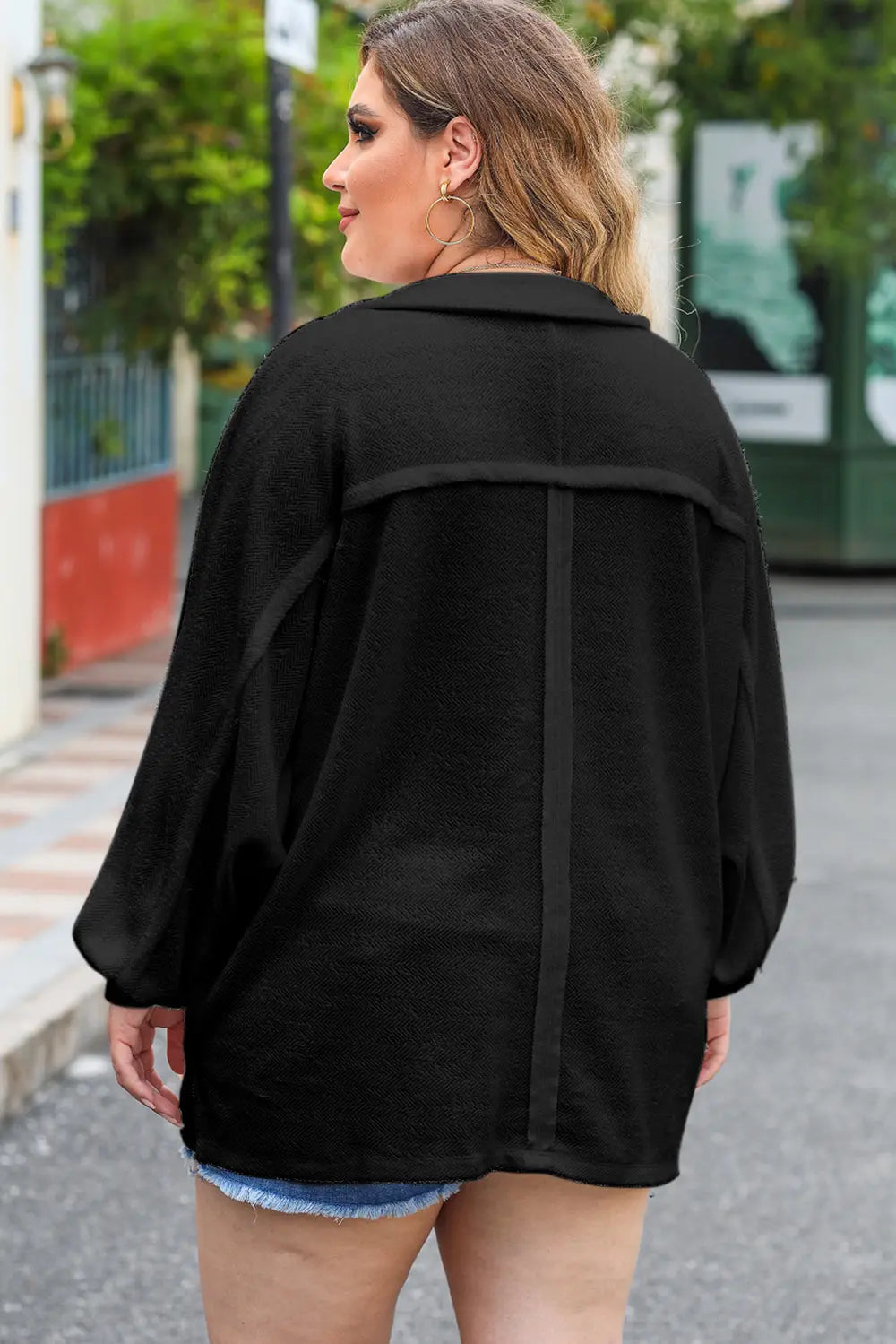 Plus Size Half Button Collared Neck Long Sleeve Blouse 