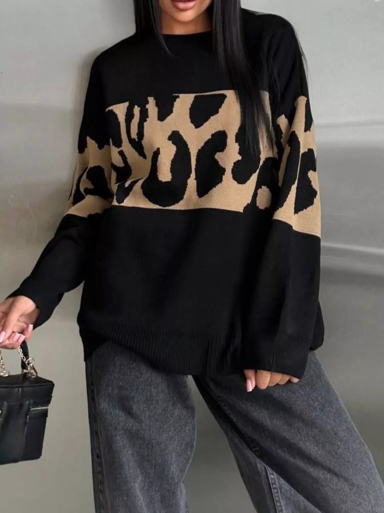 Leopard Color Block Round Neck Sweater 