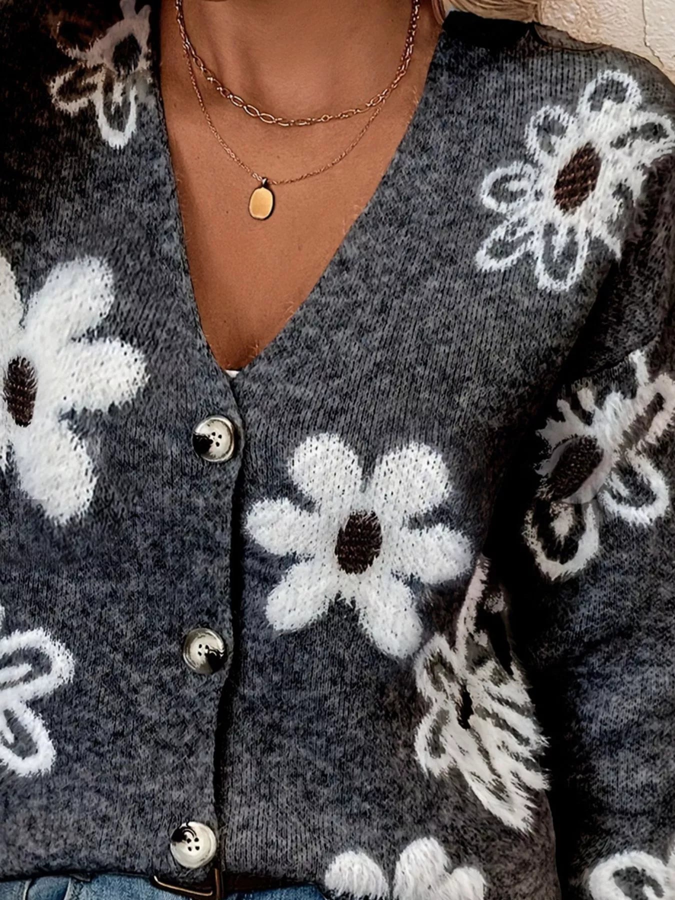 Floral Print Button-Up Knit Cardigan 