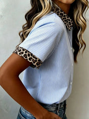Stripe Leopard Contrast Collar Short Sleeve Shirt 