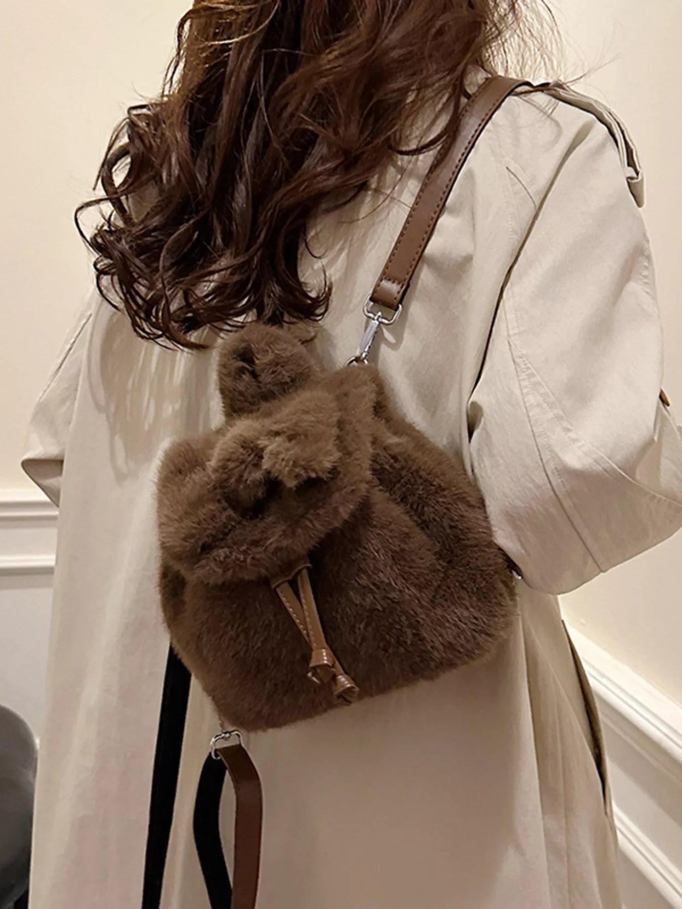 Fuzzy Plush Drawstring Backpack Bag 