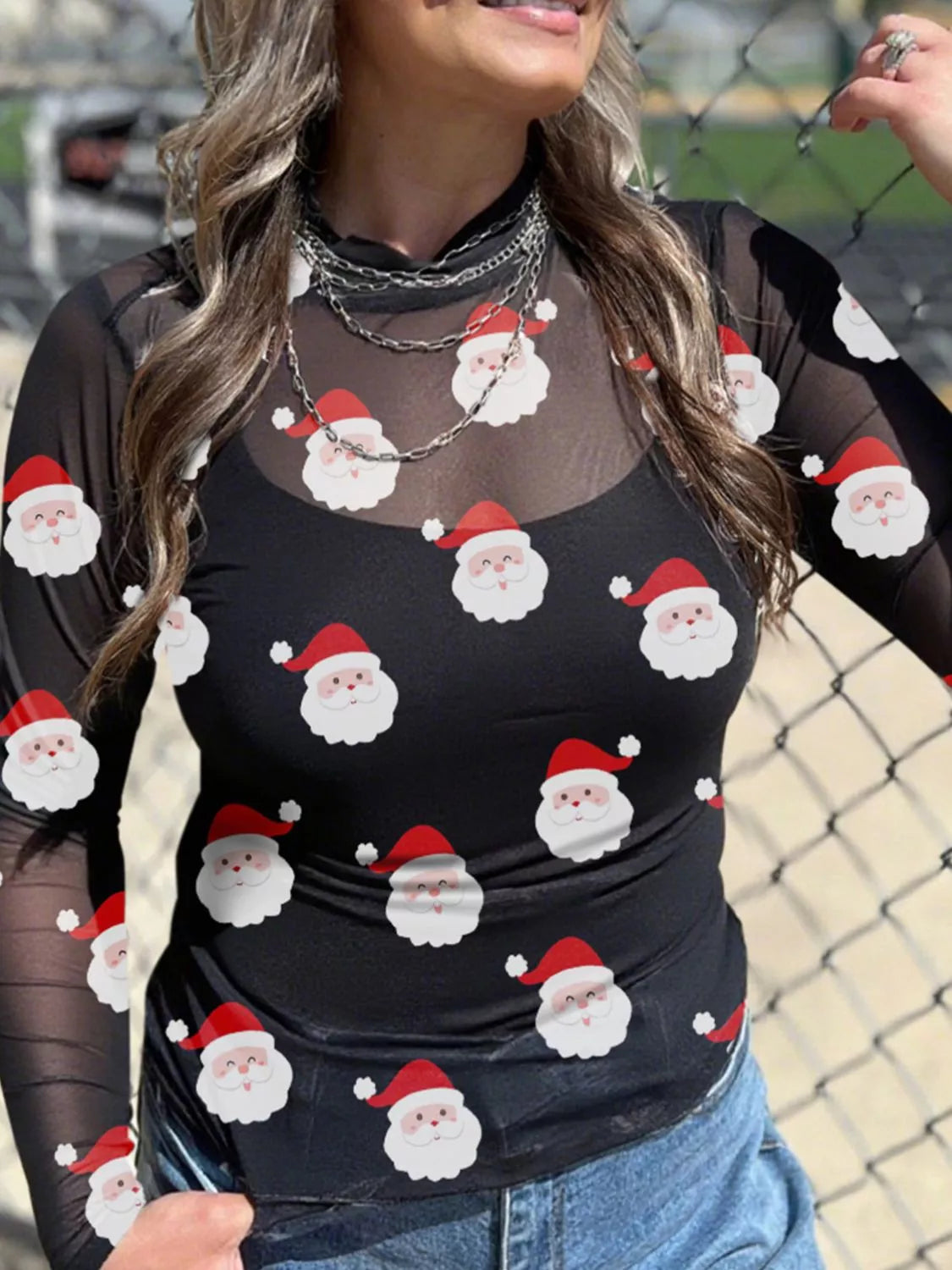Christmas Santa Print Mesh Long Sleeve Top 