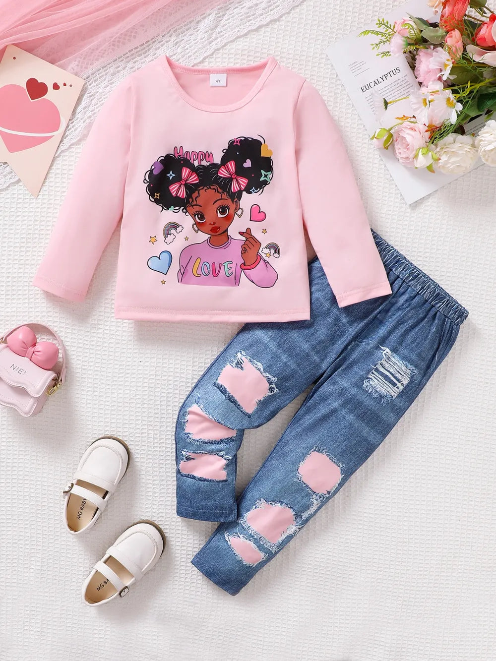 Children's Cartoon Graphic Top and Pants Set 