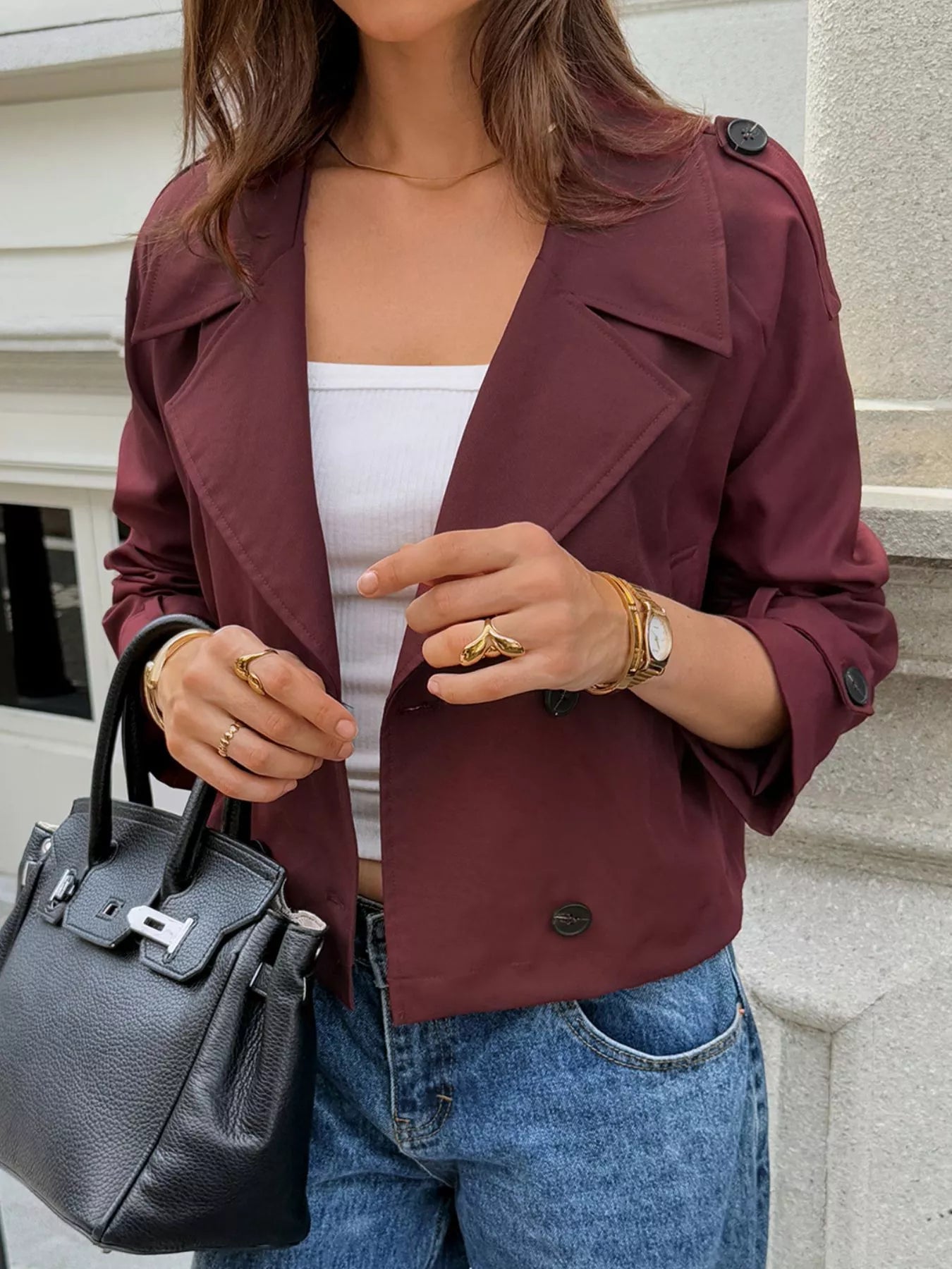 Cropped Double-Breasted Raglan Sleeve Jacket 