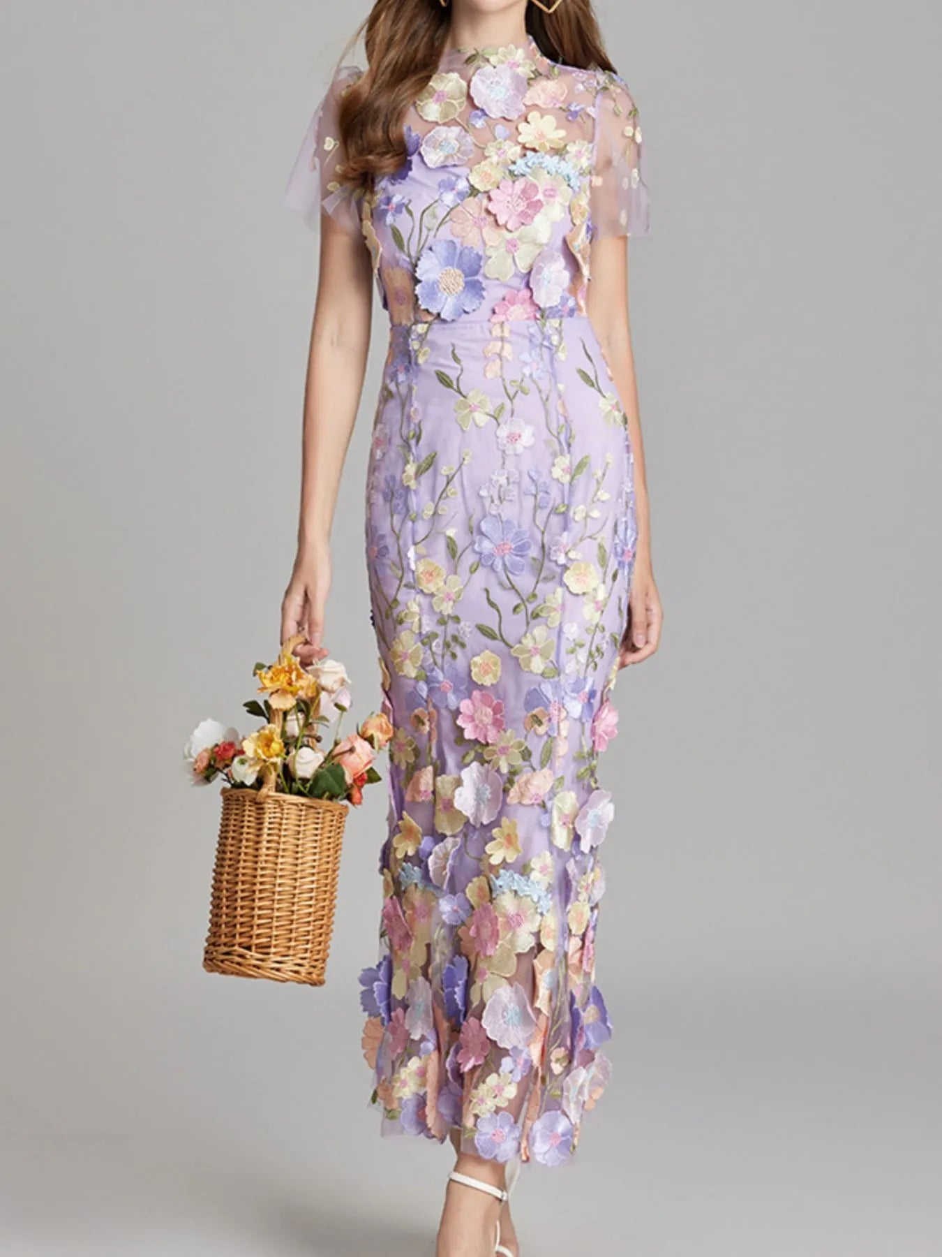 Floral Embroidered Mesh Overlay Maxi Dress 