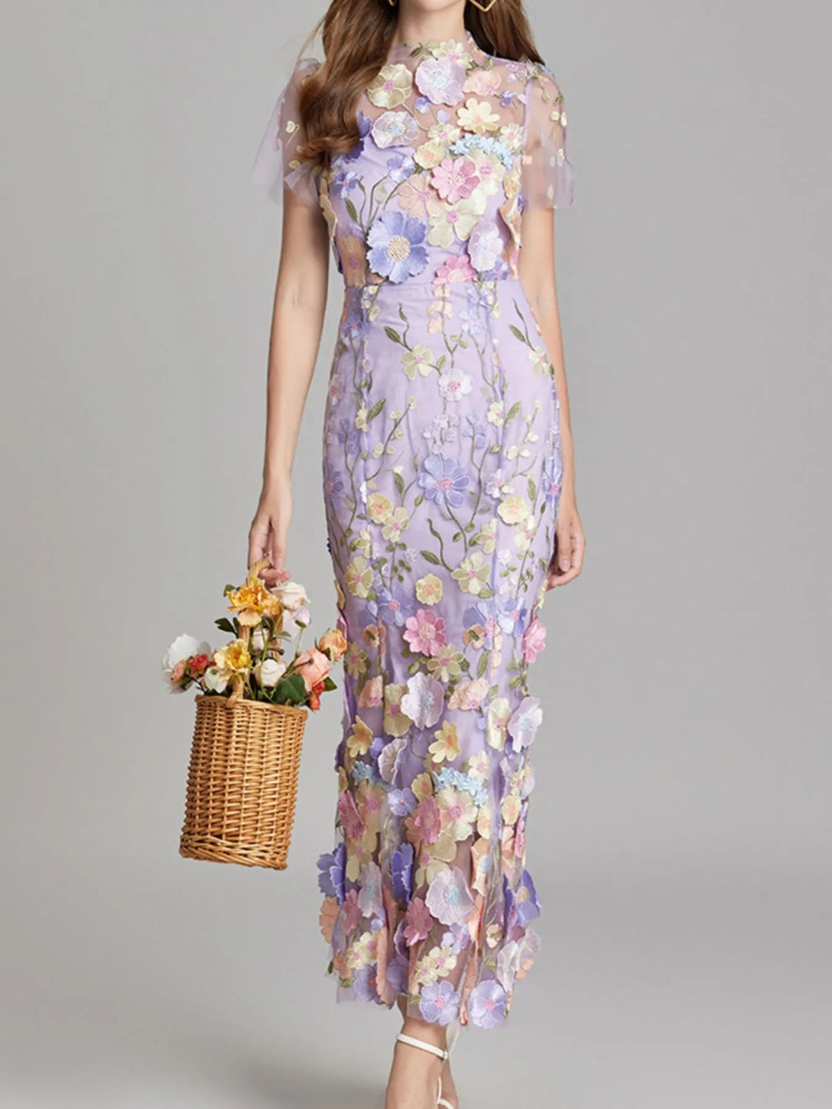 Floral Embroidered Mesh Overlay Maxi Dress 