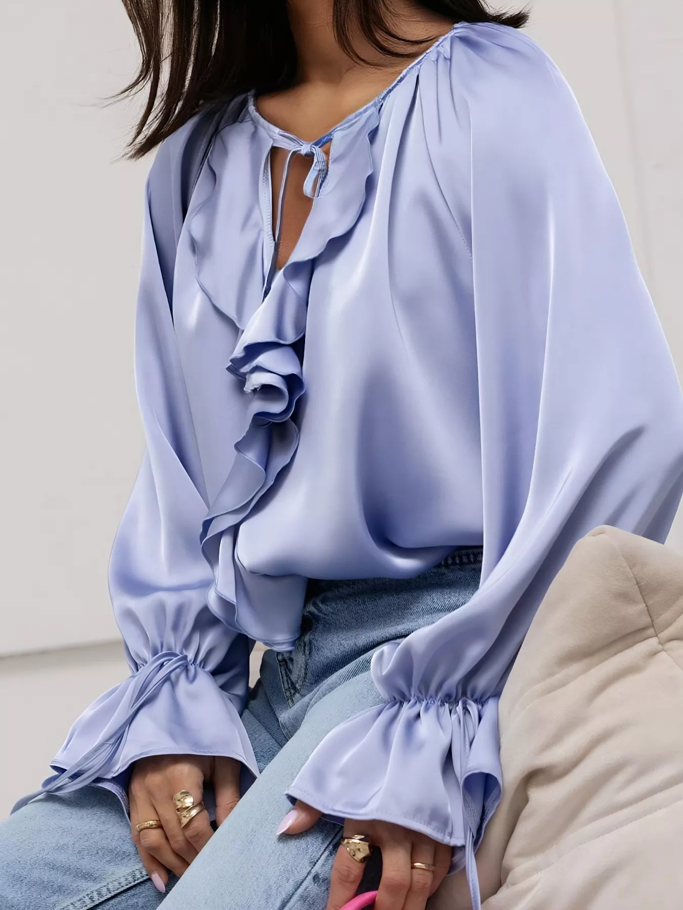 Ruffle Trim Satin Flounce Sleeve Blouse 