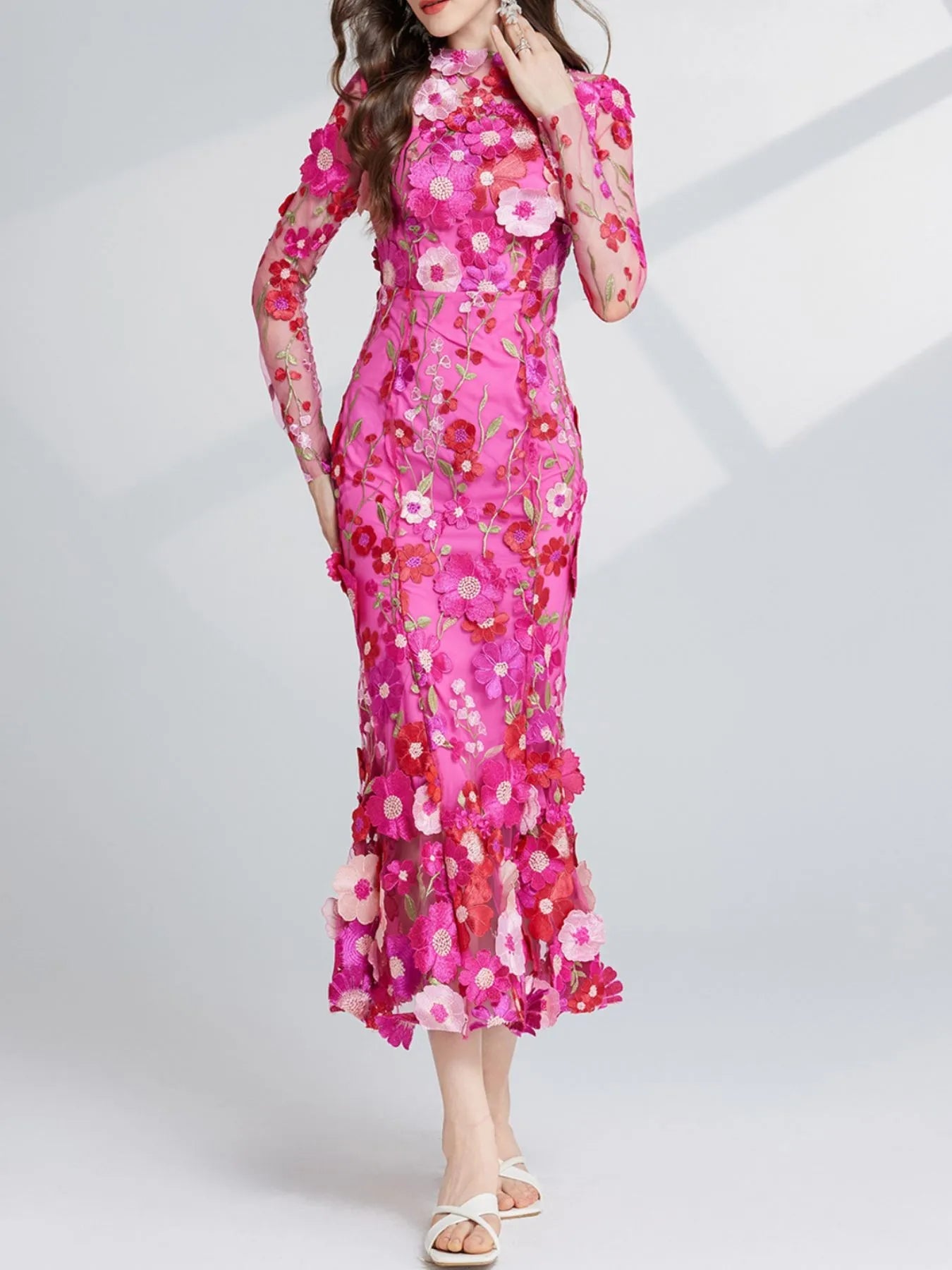 Floral Embroidered Mesh Long Sleeve Midi Dress 