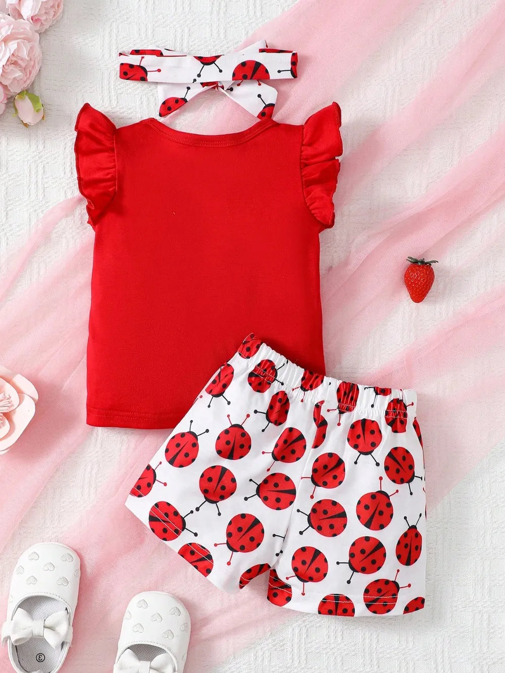 Children's Headband, Round Neck Ruffle Sleeve Top and Pants Set 