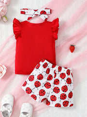 Children's Headband, Round Neck Ruffle Sleeve Top and Pants Set 