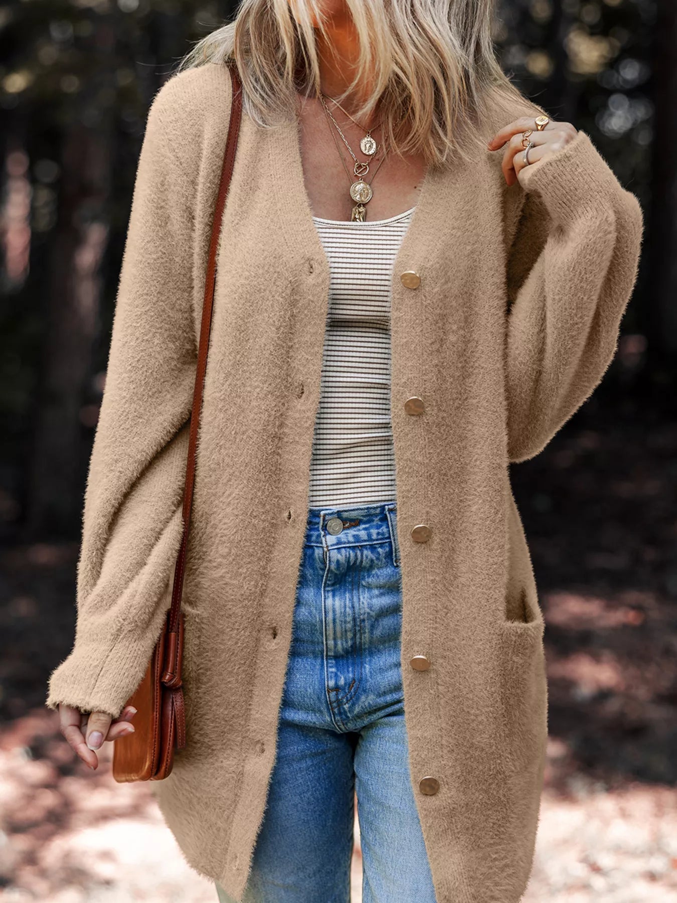 Fuzzy Buttoned Front Cardigan with Pockets 