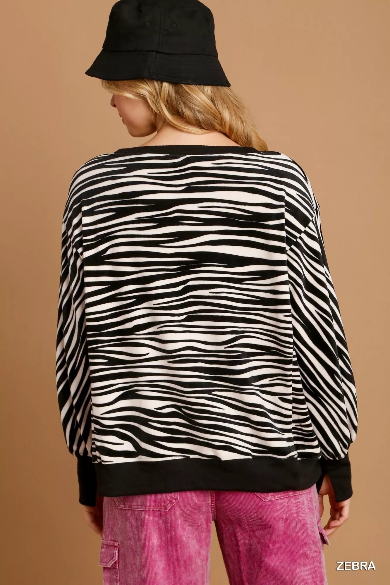 Umgee Zebra Striped Fleece Pullover Sweater Shirt 
