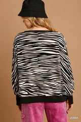 Umgee Zebra Striped Fleece Pullover Sweater Shirt 