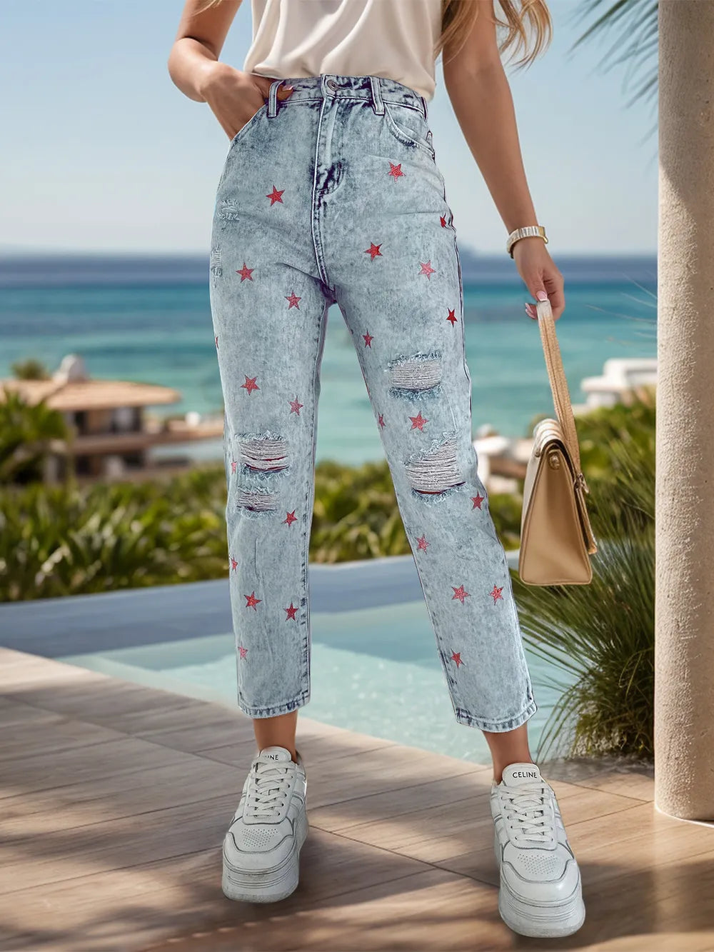 Distressed Star Jeans with Pockets 