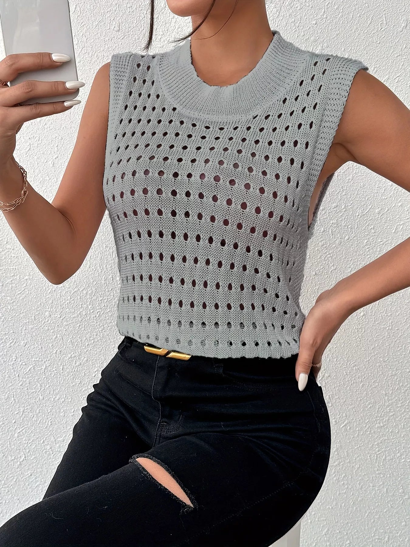 Hollow Out Round Neck Knit Tank 