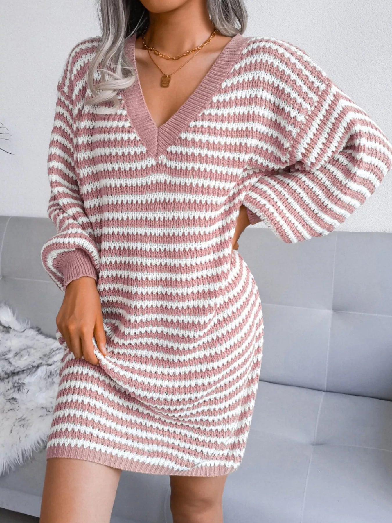Striped V-Neck Long Sleeve Sweater Dress 