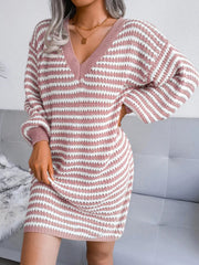 Striped V-Neck Long Sleeve Sweater Dress 