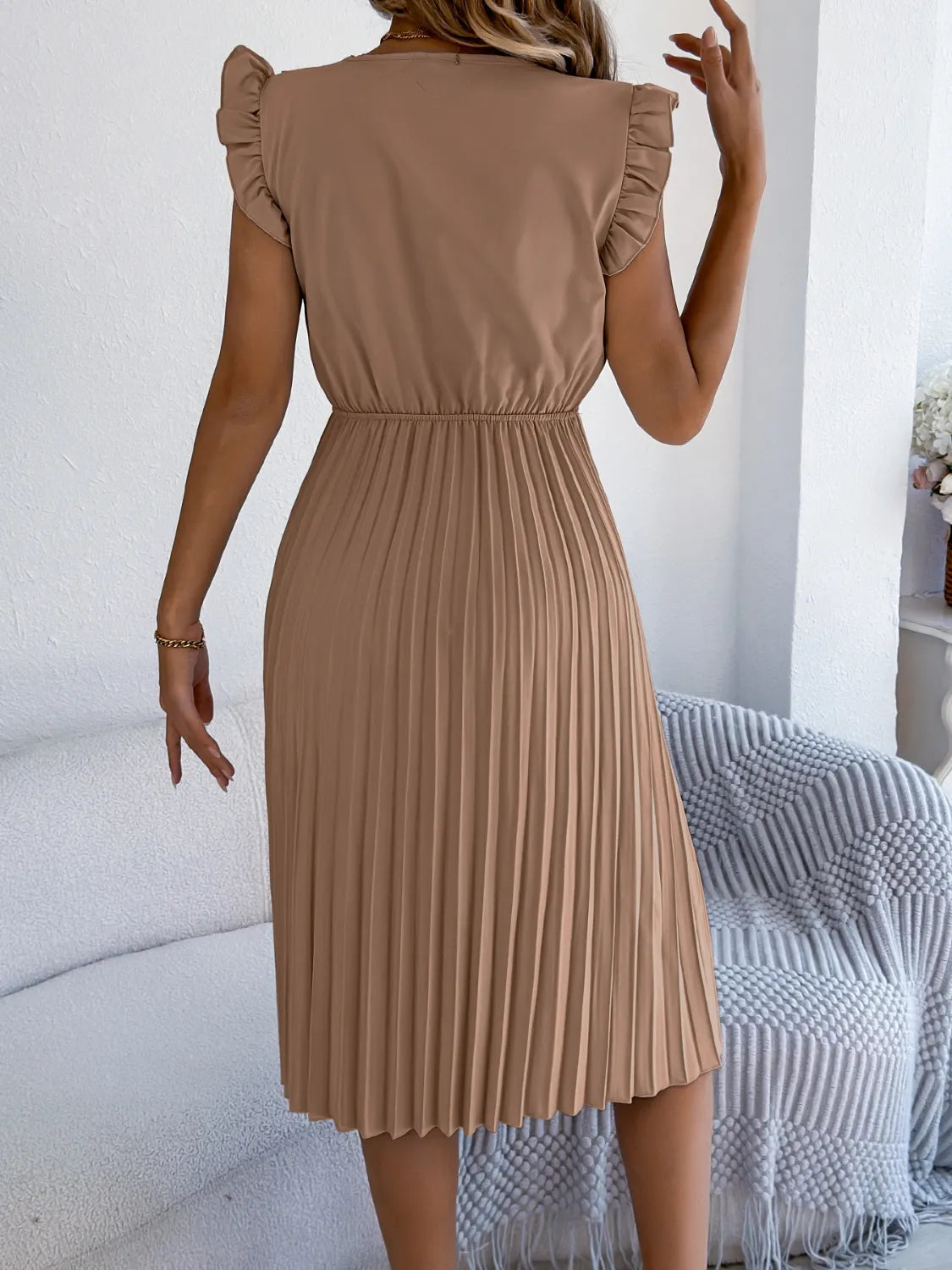 Lace Detail Ruffled Cap Sleeve Pleated Dress 