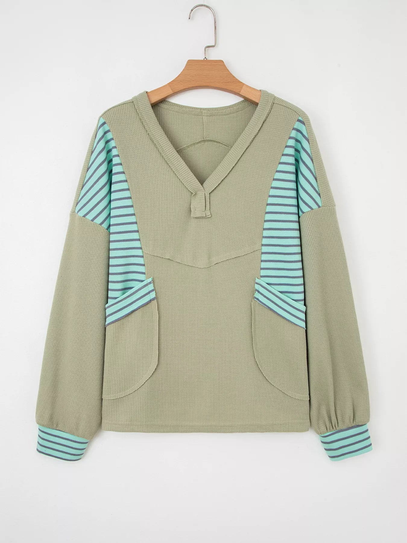 Exposed Seam Waffle Striped Patchwork Baggy Blouse 