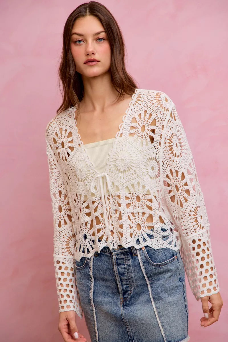SO ME Floral Pattern Crochet Knit Tie Front Crop Cardigan 