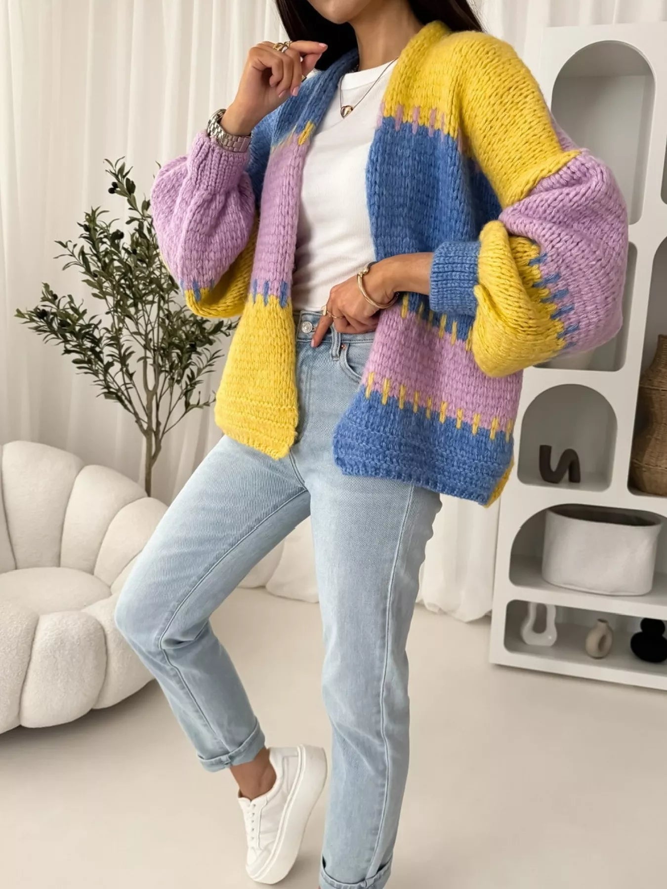 Color Block Open Front Cardigan 