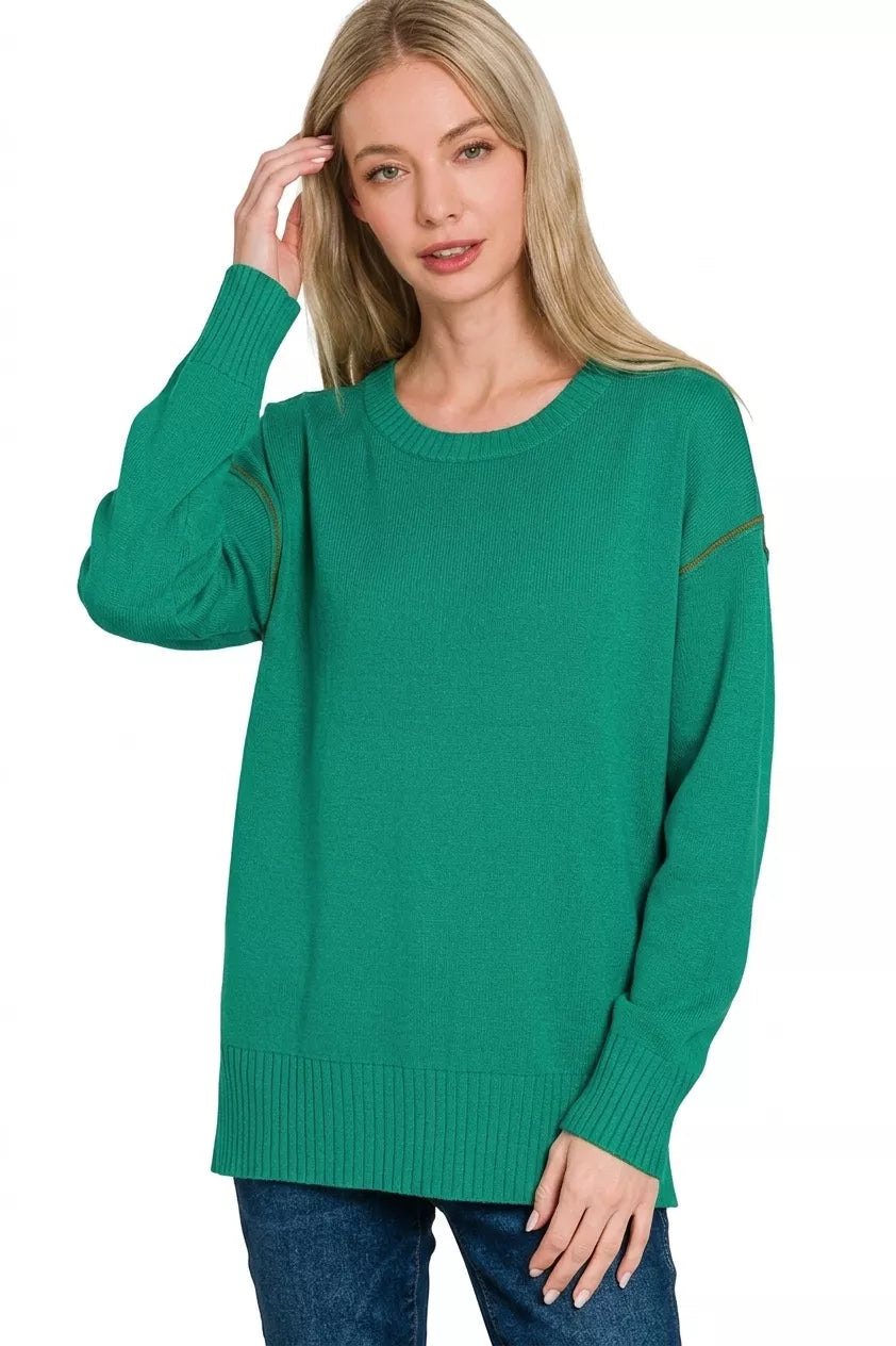 Zenana Round Neck Contrast Trim Sweater 