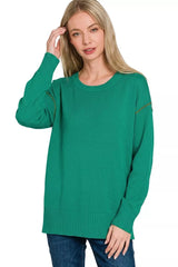 Zenana Round Neck Contrast Trim Sweater 