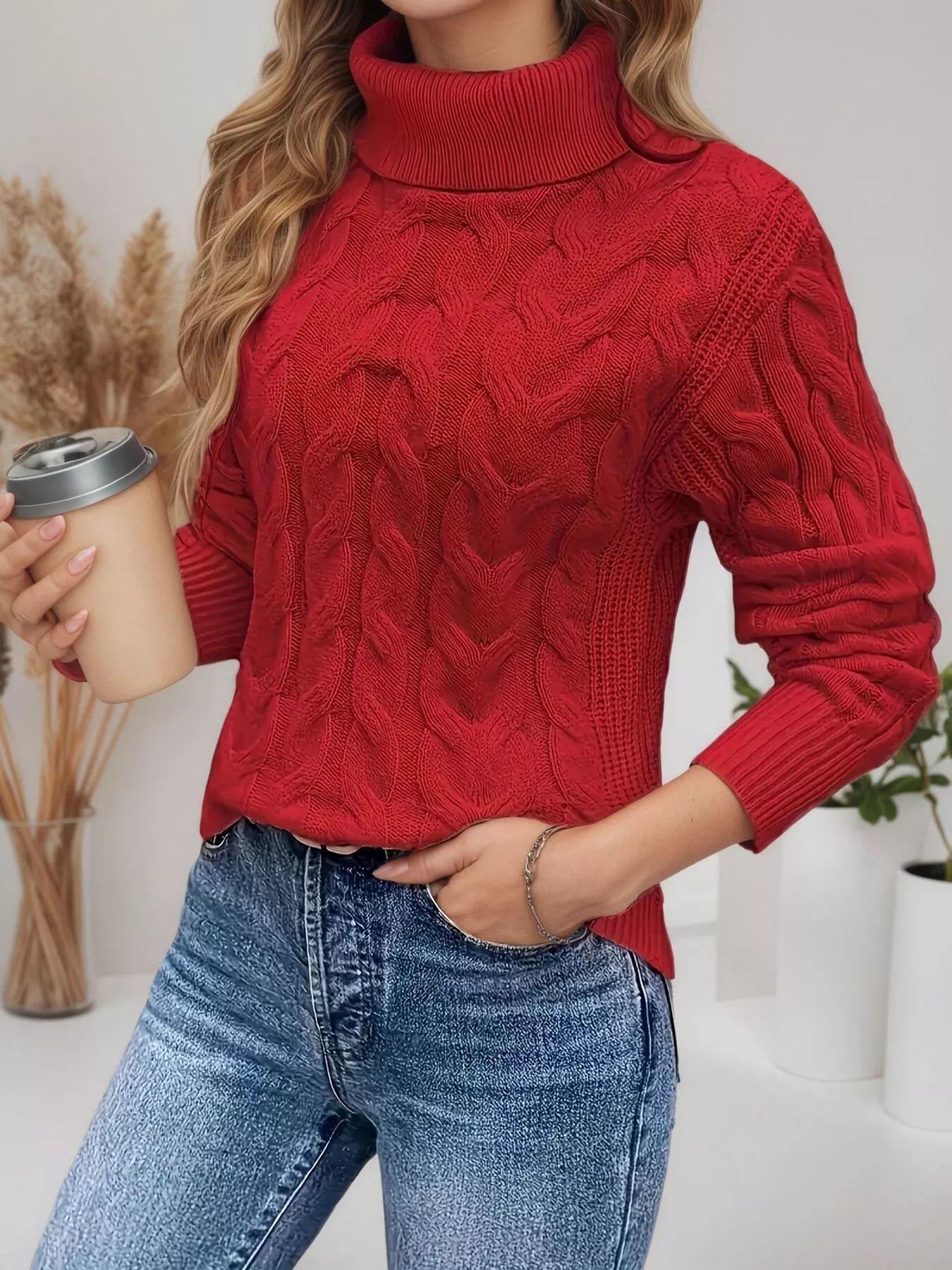 Cable Knit Turtleneck Long Sleeve Sweater 
