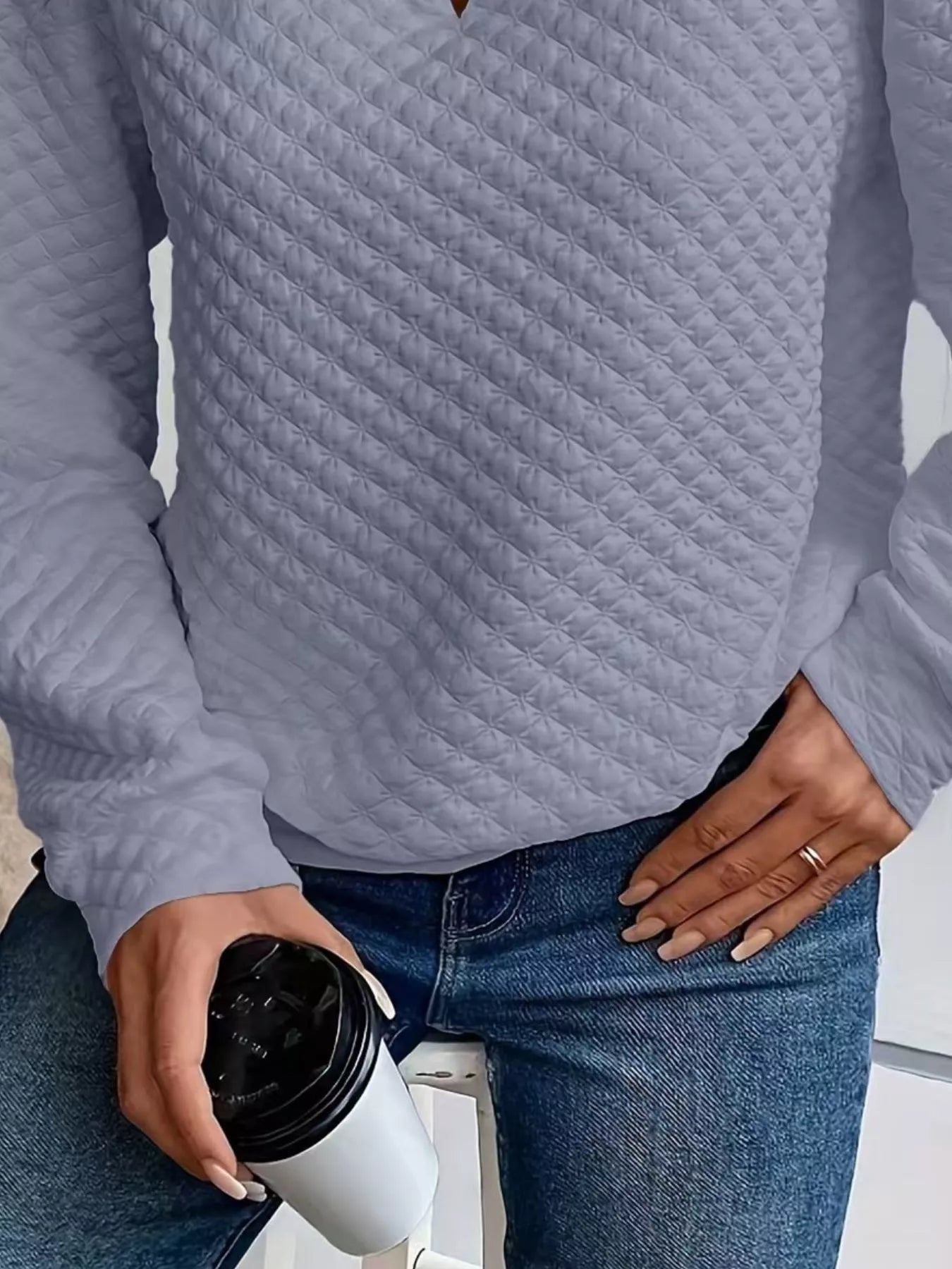 Textured Notched Raglan Sleeve Sweatshirt 