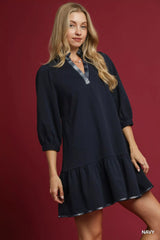 Umgee French Terry Ruffle Hem Dress with Plaid Trim 