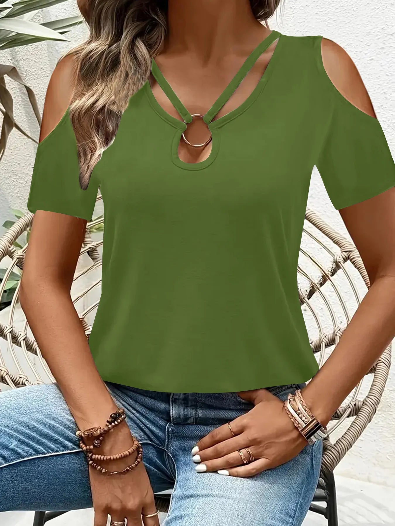 Cold Shoulder T-Shirt with Metal Ring Detail 