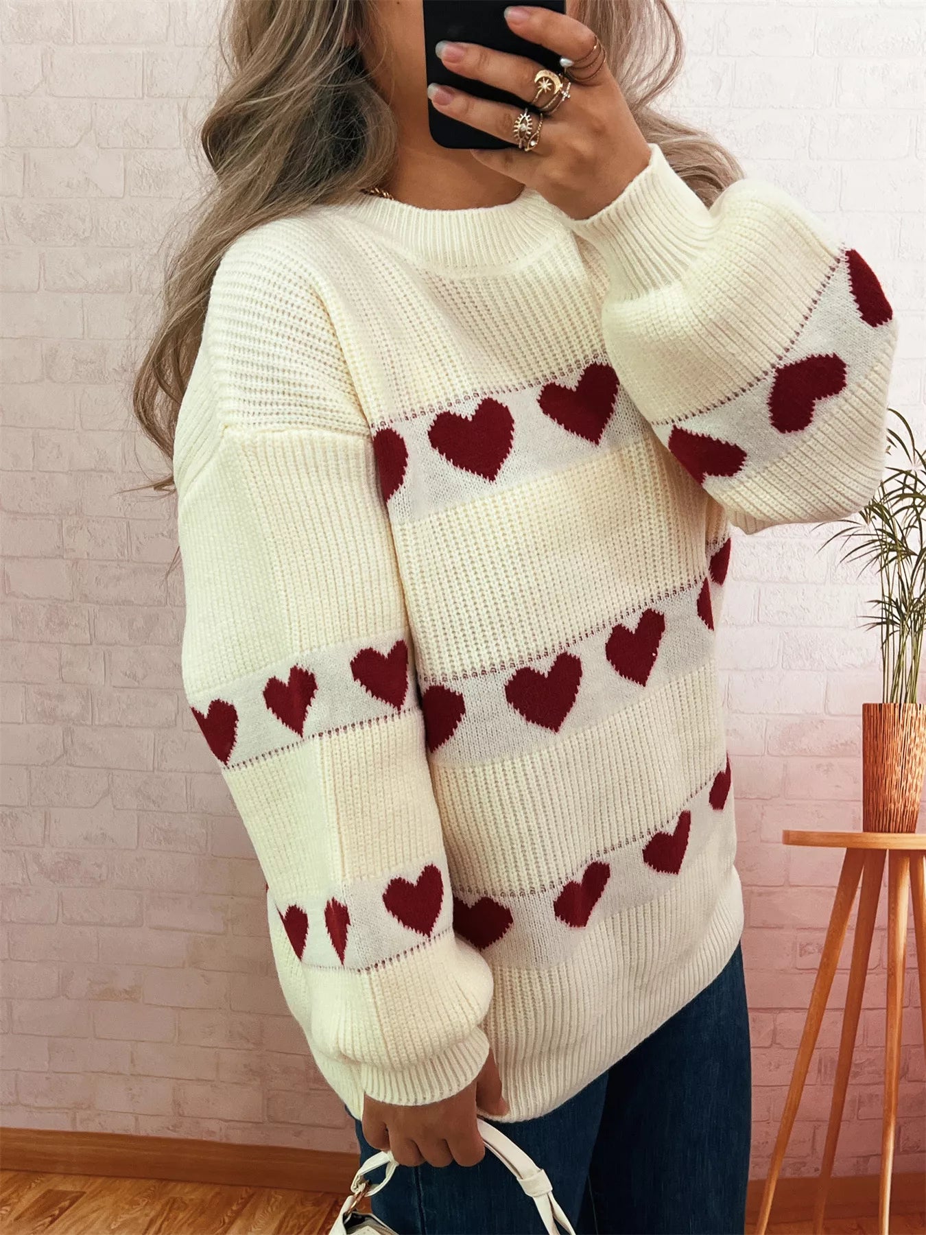 Heart Pattern Dropped Shoulder Sweater 