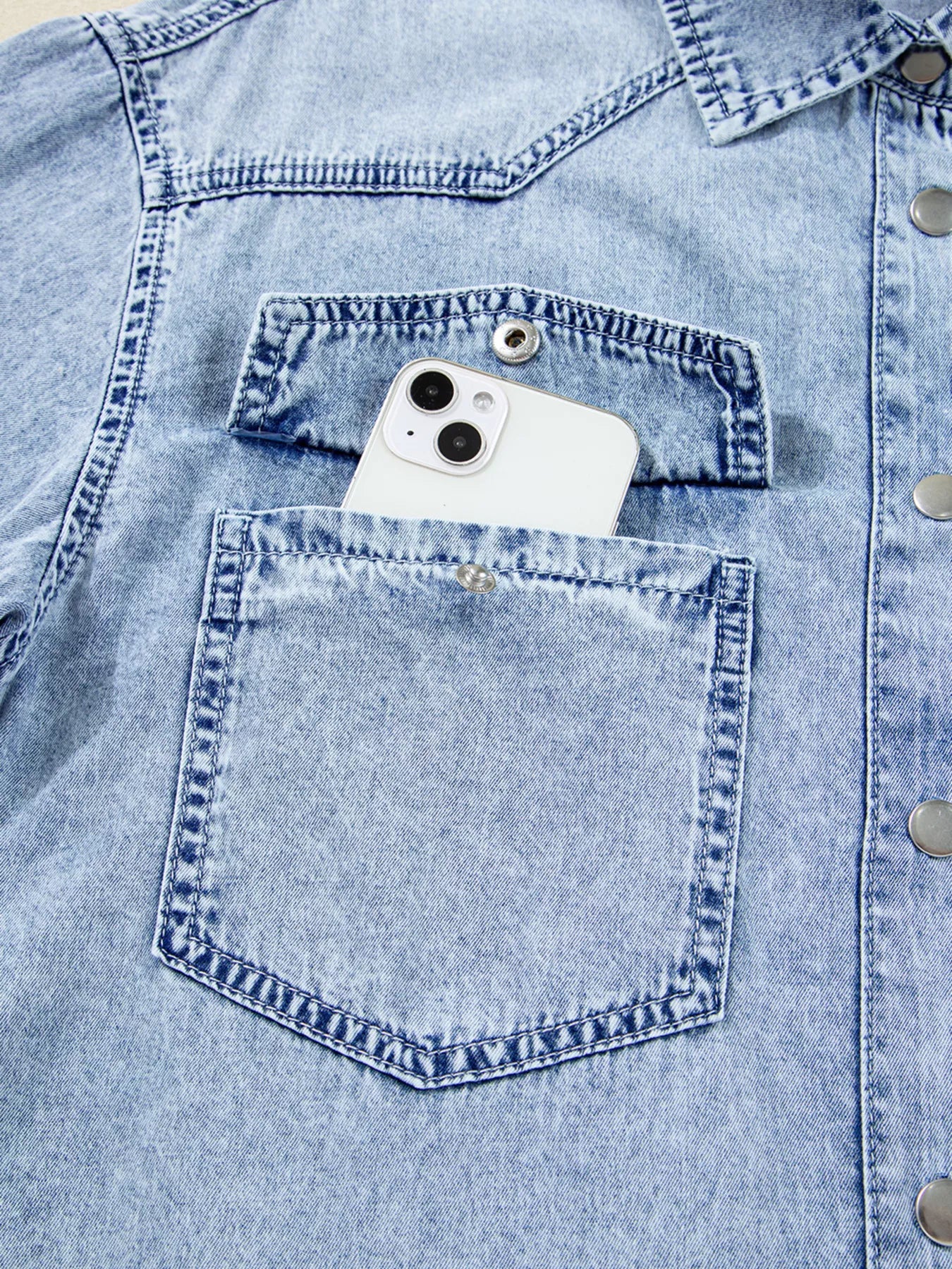 Chest Pocket Raw Hem Denim Loose Shirt Dress 
