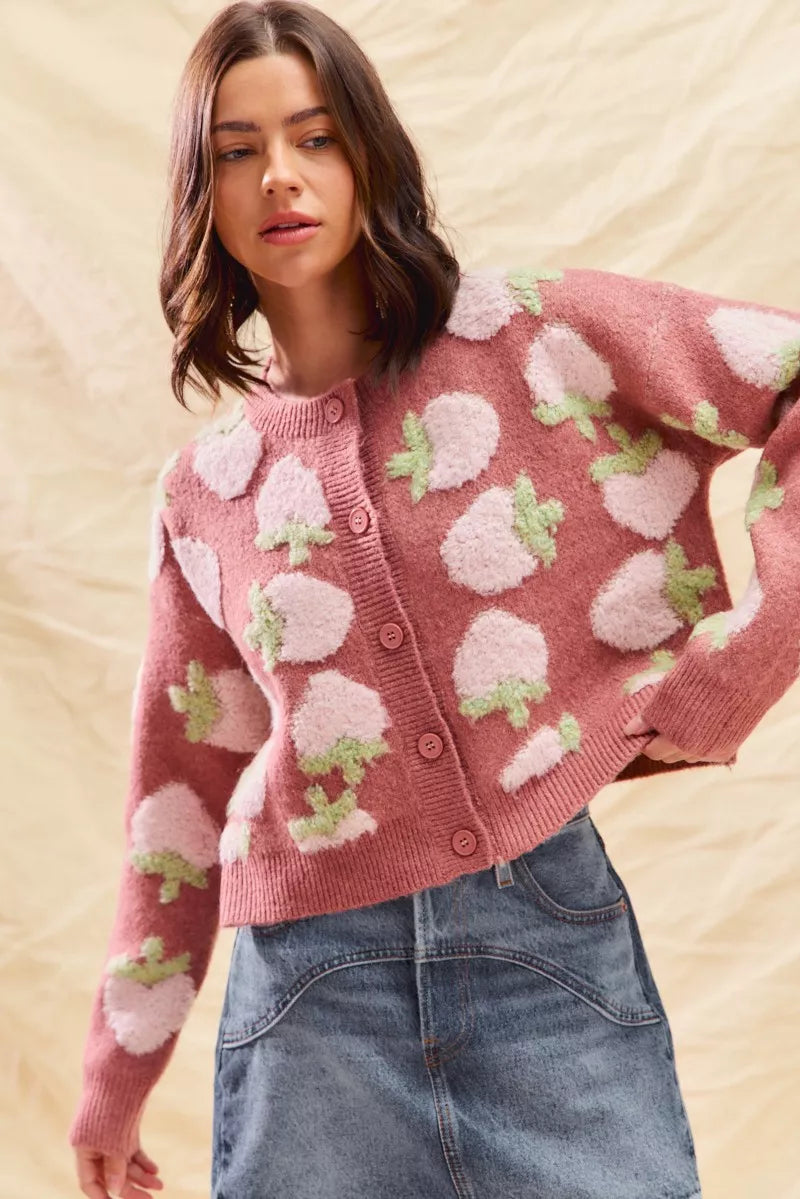SO ME Strawberry Fruit All Over Button Sweater Cardigan 