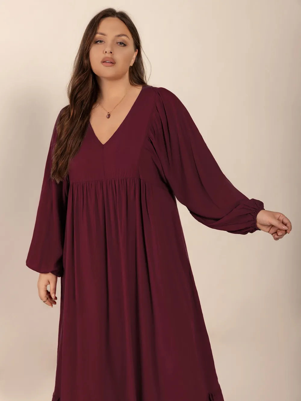 Plus Size Ruffled Hem V-Neck Balloon Sleeve Dress 