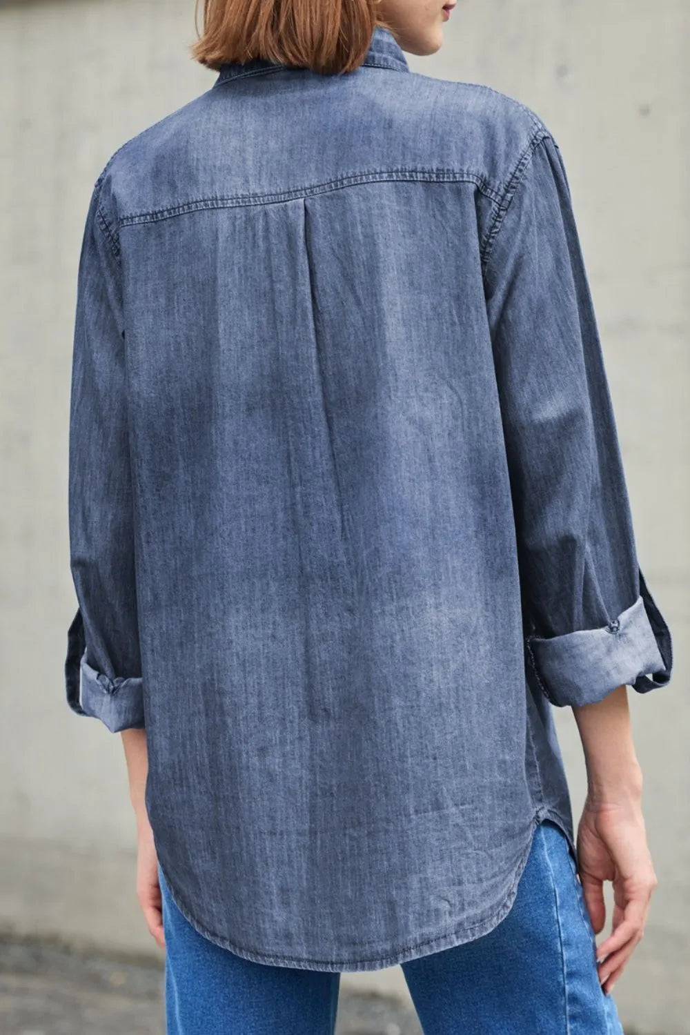 Pocketed Collared Neck Long Sleeve Denim Top 