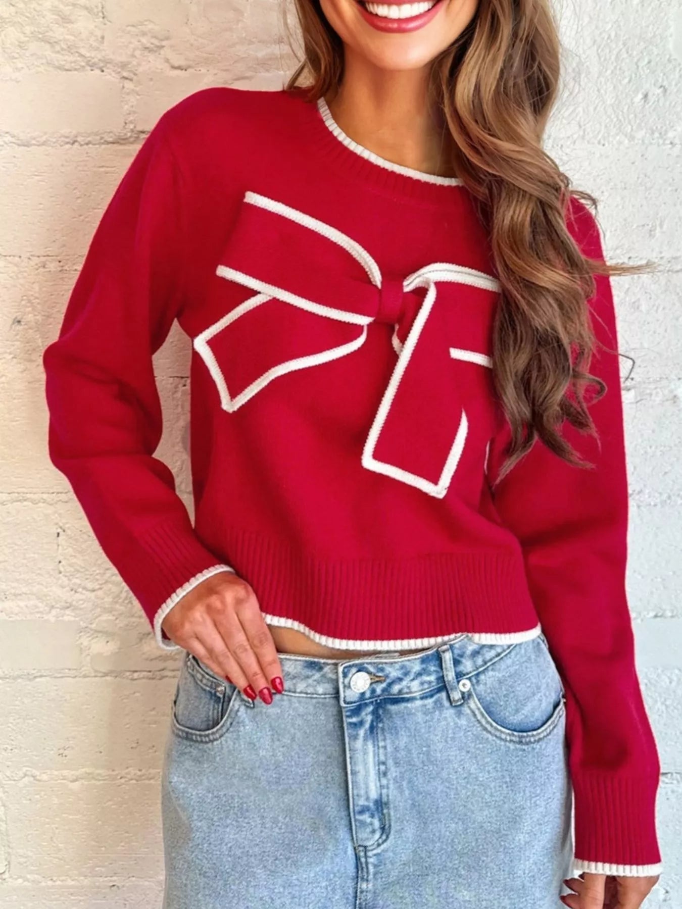 Contrast Trim Bow Accent Holiday Cropped Sweater 