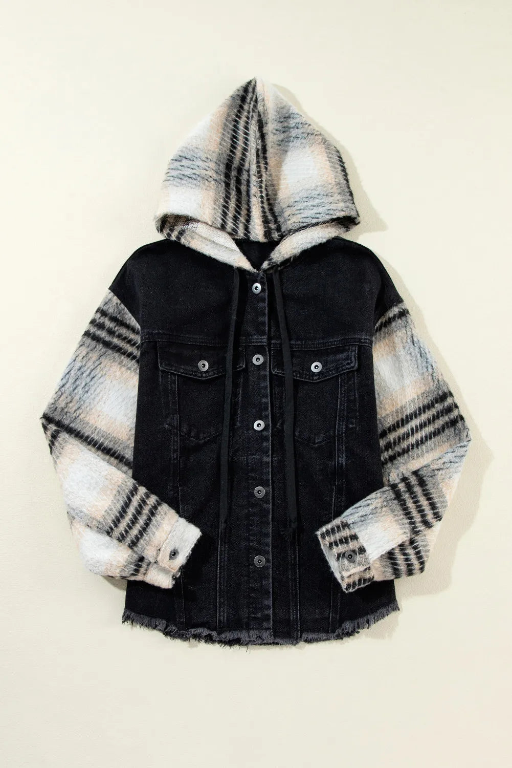 Drawstring Raw Hem Button Up Hooded Denim Jacket 