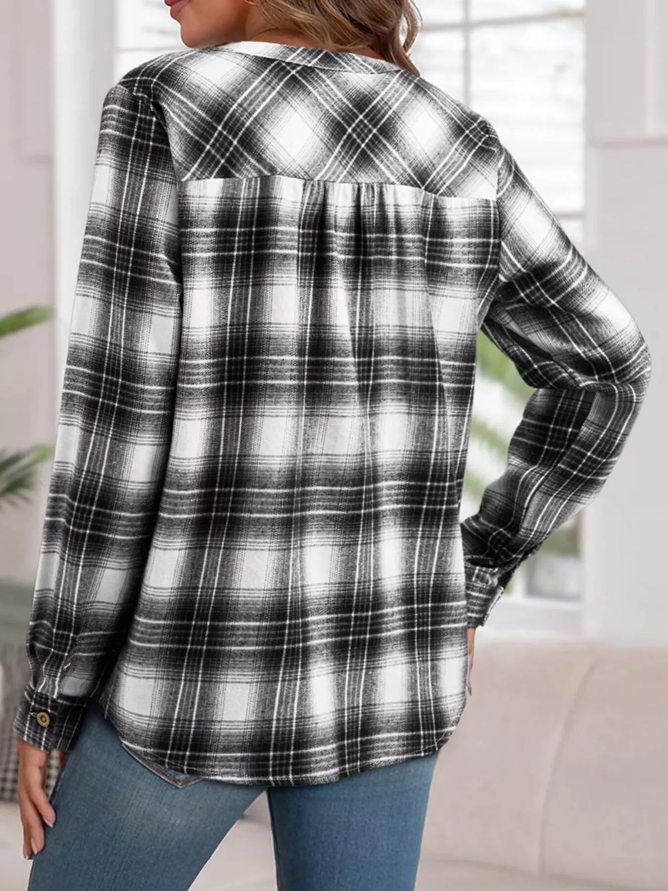 Plaid Half Button Long Sleeve Blouse 