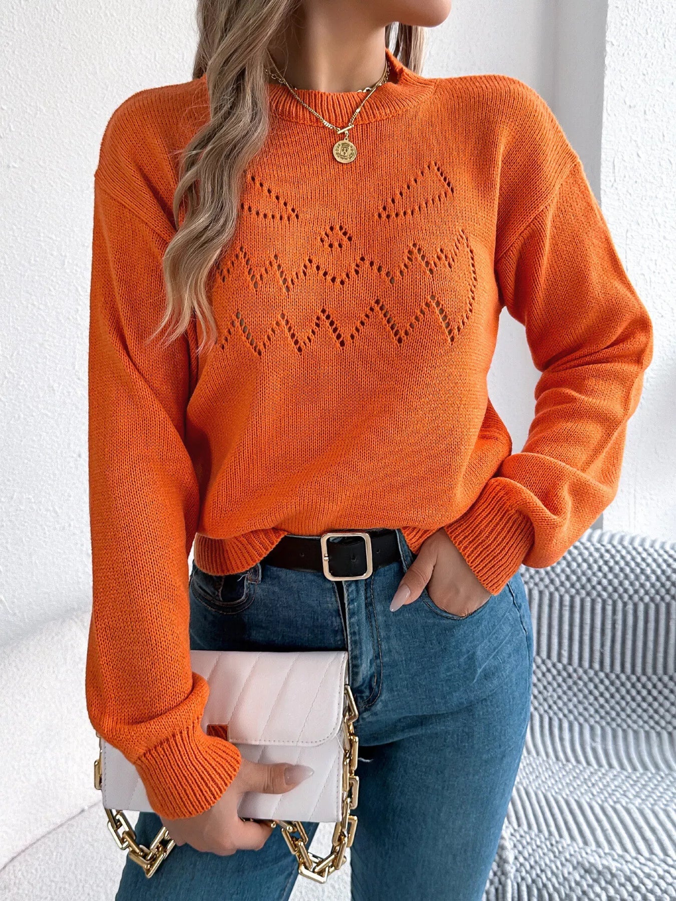 Openwork Round Neck Long Sleeve Sweater 